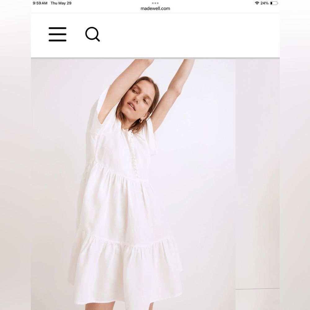 MADEWELL FLUTTER SLEEVE TIERED LINEN BLEND DRESS IN IVORY